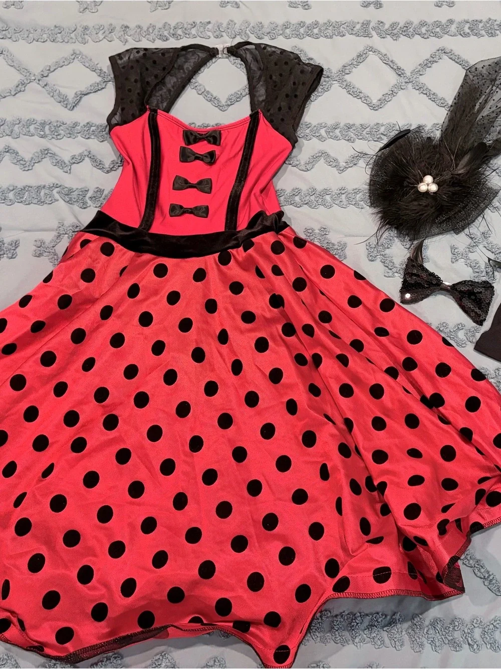 Red Polka Dot Dance Costume Dress w/ Hat Gloves Bow Adult Small Complete Set